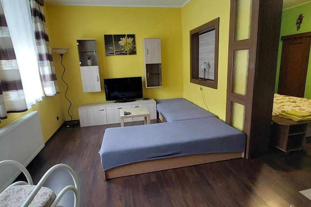 a room with a bed and a tv in it at Apartmán Stella in Prostějov