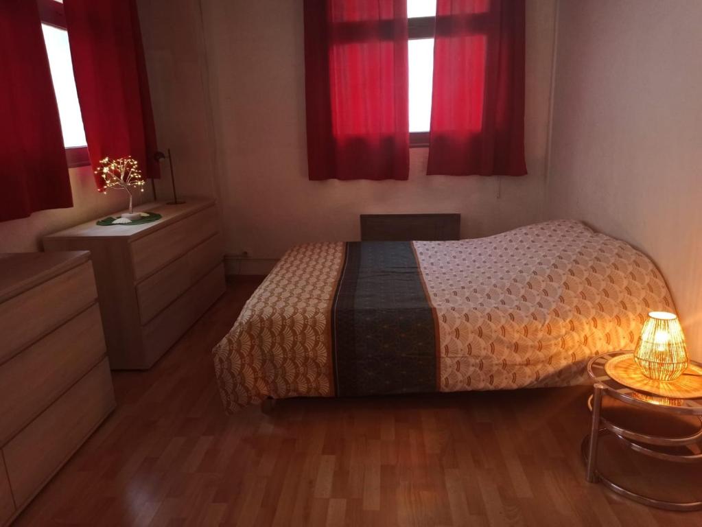 Giường trong phòng chung tại Plein centre Perpignan, à deux pas du Castillet, Appart T2 75m2