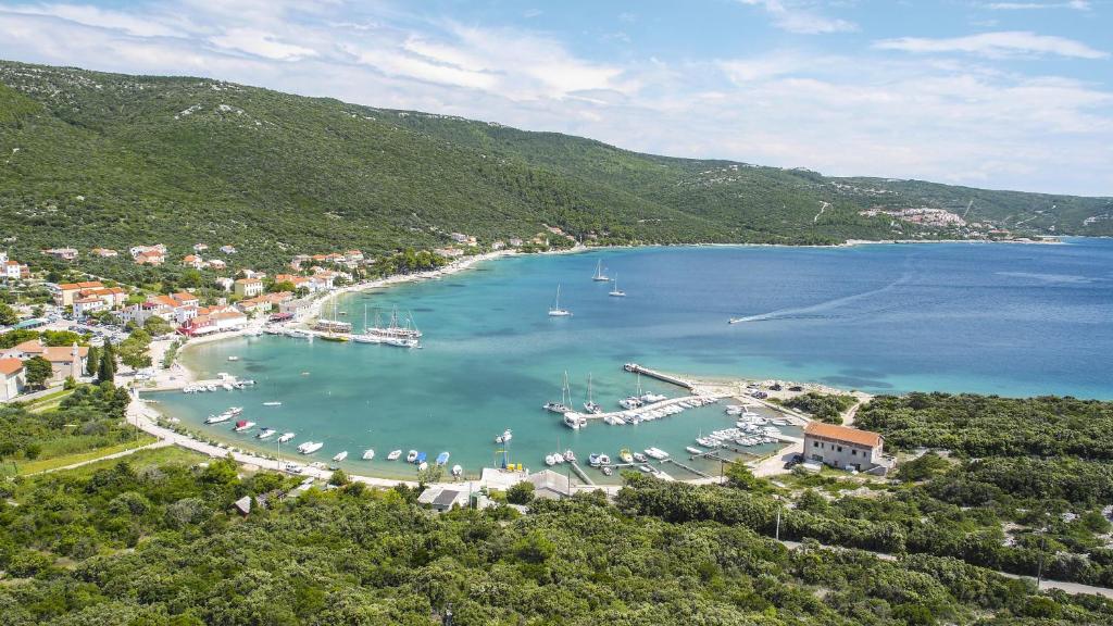 an aerial view of a harbor with boats in the water at Apartments Radic in Martinšćica