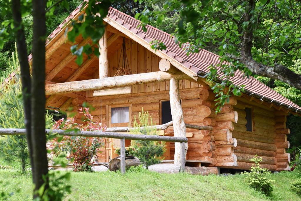 uma cabana de madeira na floresta com um telhado em Hut at the forest em Male Brusnice