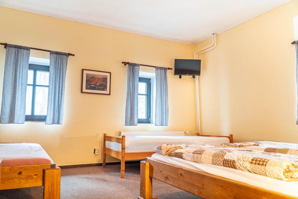 Postel nebo postele na pokoji v ubytování Penzion Jedlová hora