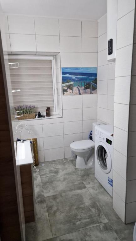 uma casa de banho com um WC e uma máquina de lavar roupa em Maila exklusiv em Jelenia Góra