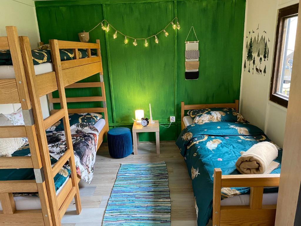 a bedroom with green walls and bunk beds and a ladder at Chatky Pod Javory in Nejdek