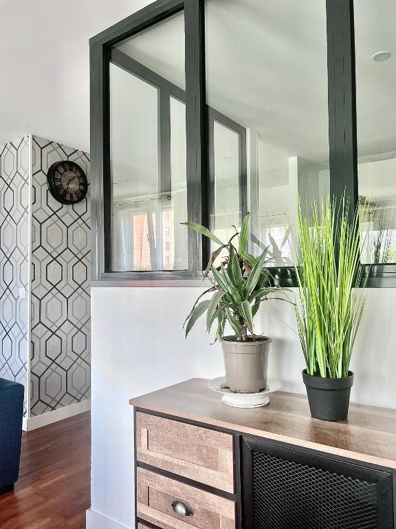 ein Spiegel auf einer Kommode mit zwei Topfpflanzen darauf in der Unterkunft Bel appartement complet: in Villetaneuse