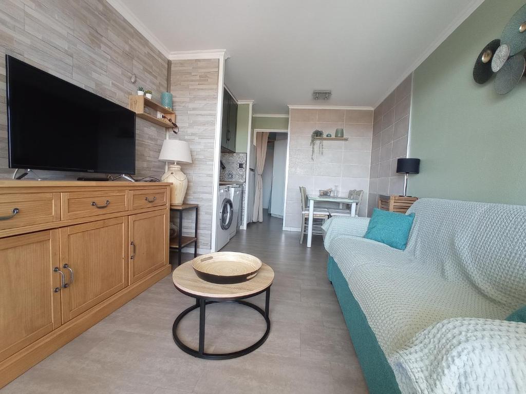 Telewizja i/lub zestaw kina domowego w obiekcie Cap Esterel Studio climatisé vue mer partielle