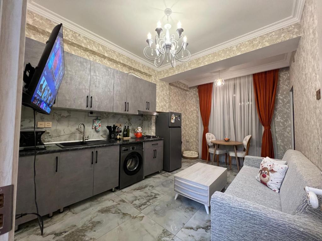 Sweet Apartment in Narimanov في باكو: مطبخ وغرفة معيشة مع أريكة وتلفزيون