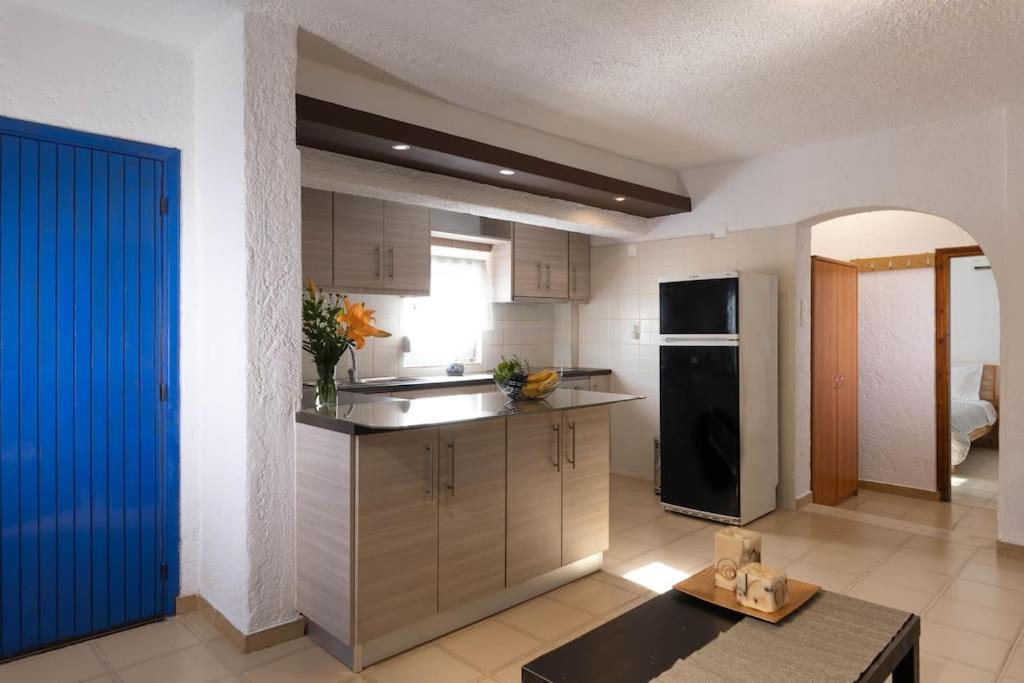 a kitchen with a refrigerator and a table in a room at The old Phone Center house in Ierápetra