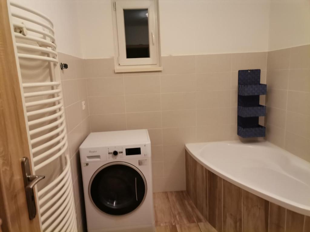 a small bathroom with a washing machine and a sink at Apartmán Family in Lúčky