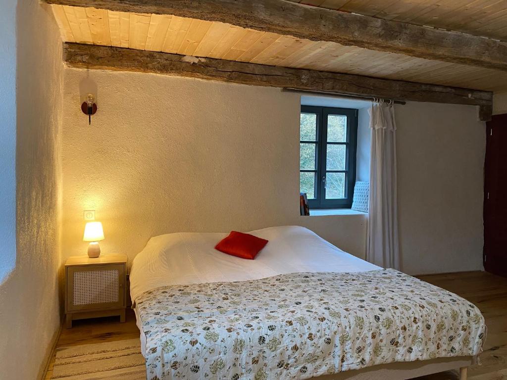 a bedroom with a bed with a red pillow on it at Moulin de la Rouchotte in Frétigney-et-Velloreille
