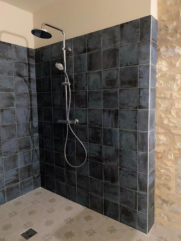 a bathroom with a shower with black tiles at Moulin de la Rouchotte in Frétigney-et-Velloreille