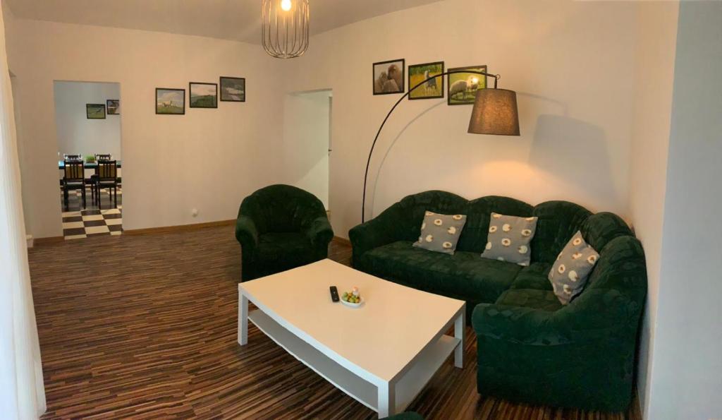 a living room with a couch and a table at Noclegi Little Sheep in Chojna