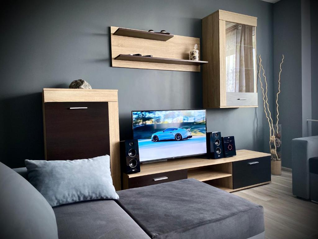 een woonkamer met een flatscreen-tv en een bank bij Słoneczny Apartament Libiąż in Libiąż