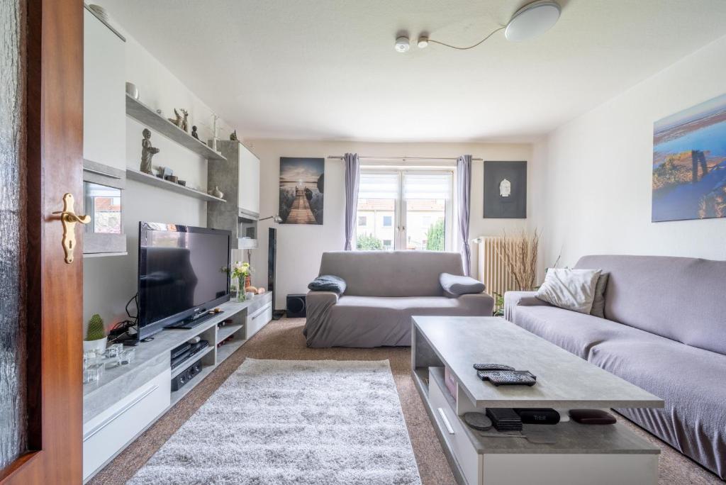 a living room with a couch and a tv at Private Apartment Smoker in Hannover