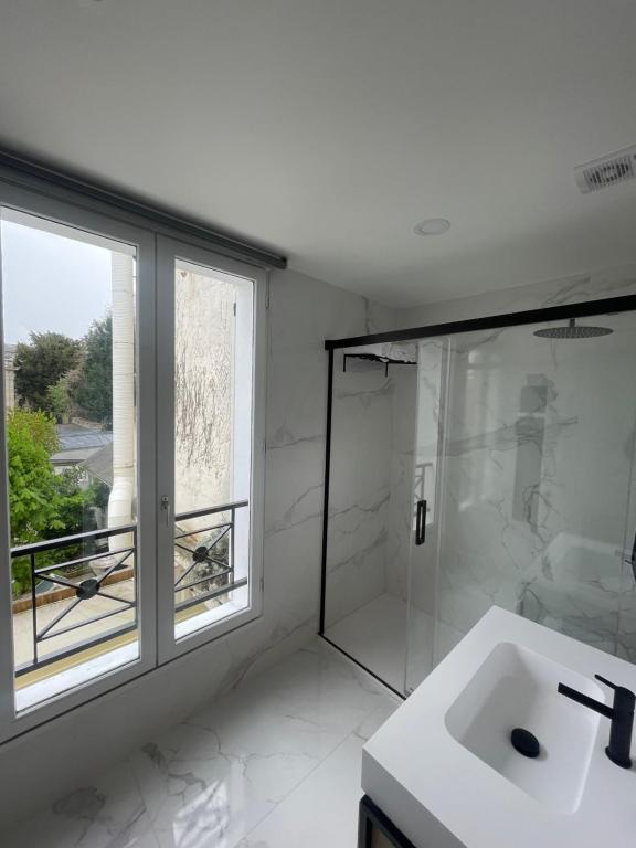 a bathroom with a shower and a sink and a window at Les Appartements de l'Orangerie in Versailles