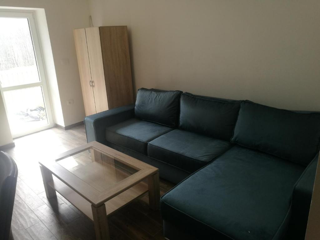 ein Wohnzimmer mit einem blauen Sofa und einem Couchtisch in der Unterkunft apartma Burjuca in Ajdovščina