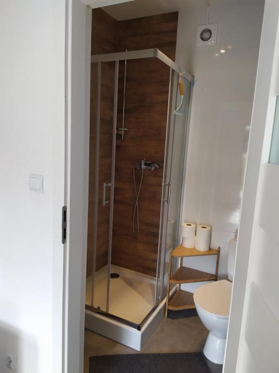 a glass shower in a bathroom with a toilet at #WilkasyPortPlaża in Wilkasy