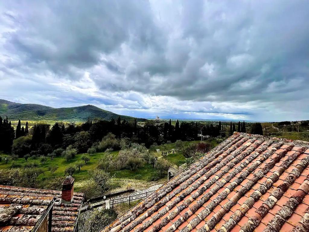 an overhead view of a roof with mountains in the background at Pergaccio Deluxe House in Cortona