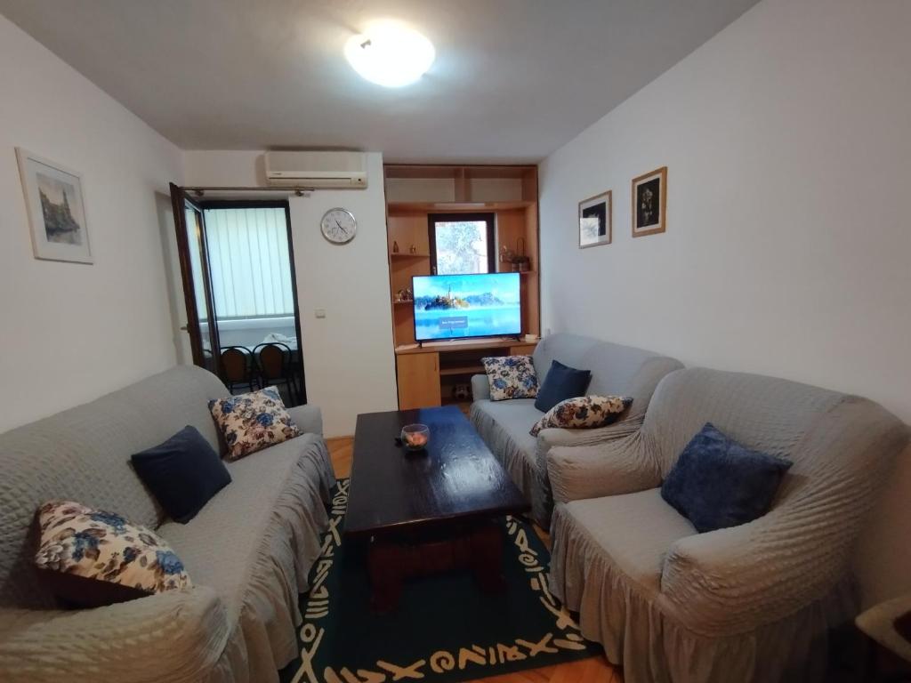 Apartment in Budva في بودفا: غرفة معيشة مع كنبتين وتلفزيون