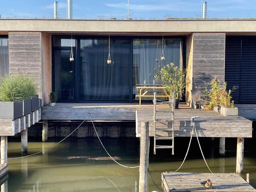 a house on the water with a wooden dock at Ferienhaus am See Neusiedl in Neusiedl am See
