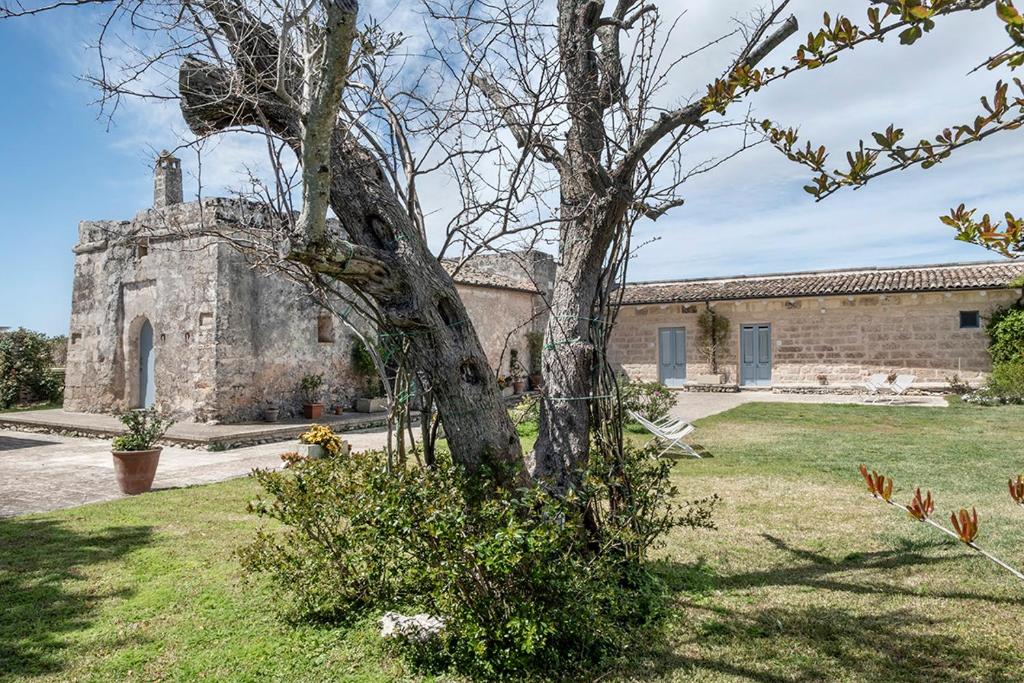 un antiguo edificio de piedra con un árbol en un patio en Masseria Berzario en Melendugno