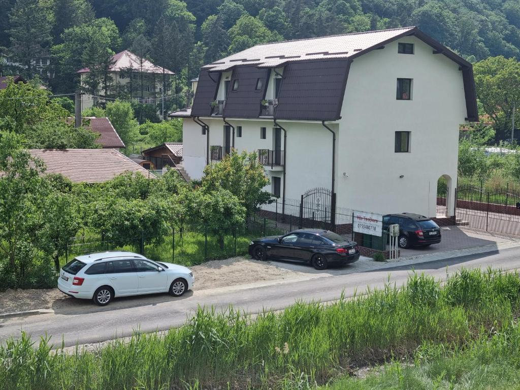 two cars parked in front of a white house at Pensiunea Teodora Caciulata in Căciulata