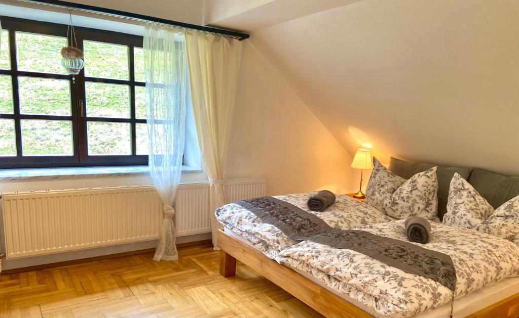 a bedroom with a bed and a window at Schloss Süßenstein in Hüttenberg