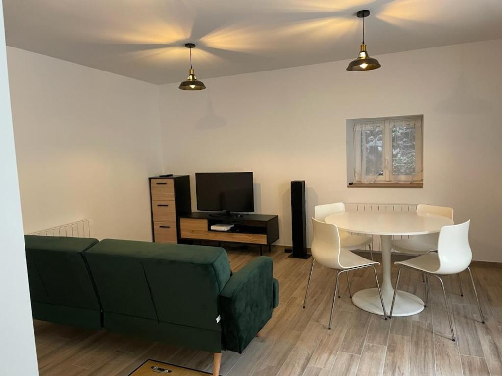 ein Wohnzimmer mit einem Sofa, einem Tisch und einem TV in der Unterkunft Appartement St Amant Tallende in Saint-Amant-Tallende