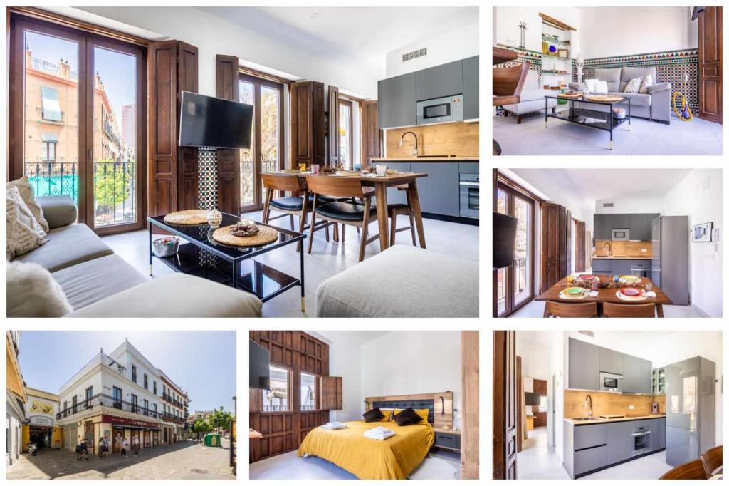 a collage of pictures of a living room and a kitchen at COMFY AWAY - Apartamento Deluxe Con Vistas en Triana in Seville