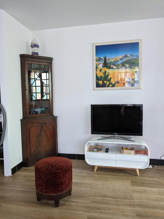 Televízia a/alebo spoločenská miestnosť v ubytovaní Au chalet d'Illiers Combray, grand jardin arboré