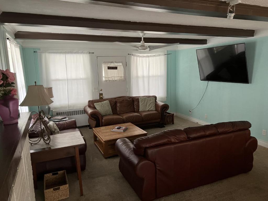 a living room with couches and a flat screen tv at Historic Beach Side Getaway - Pet friendly, WiFi cottage in Norfolk