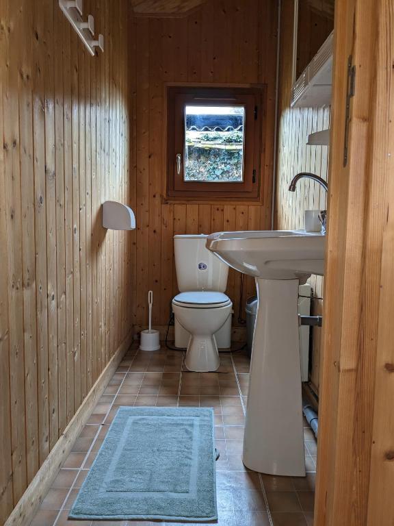 a bathroom with a white sink and a toilet at Au petit chalet d&#39;Illiers Combray in Illiers