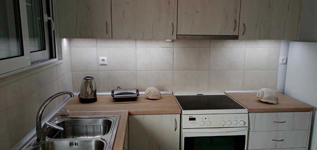 una piccola cucina con lavandino e piano cottura di Bouvegio Apartments Vera a Afantou