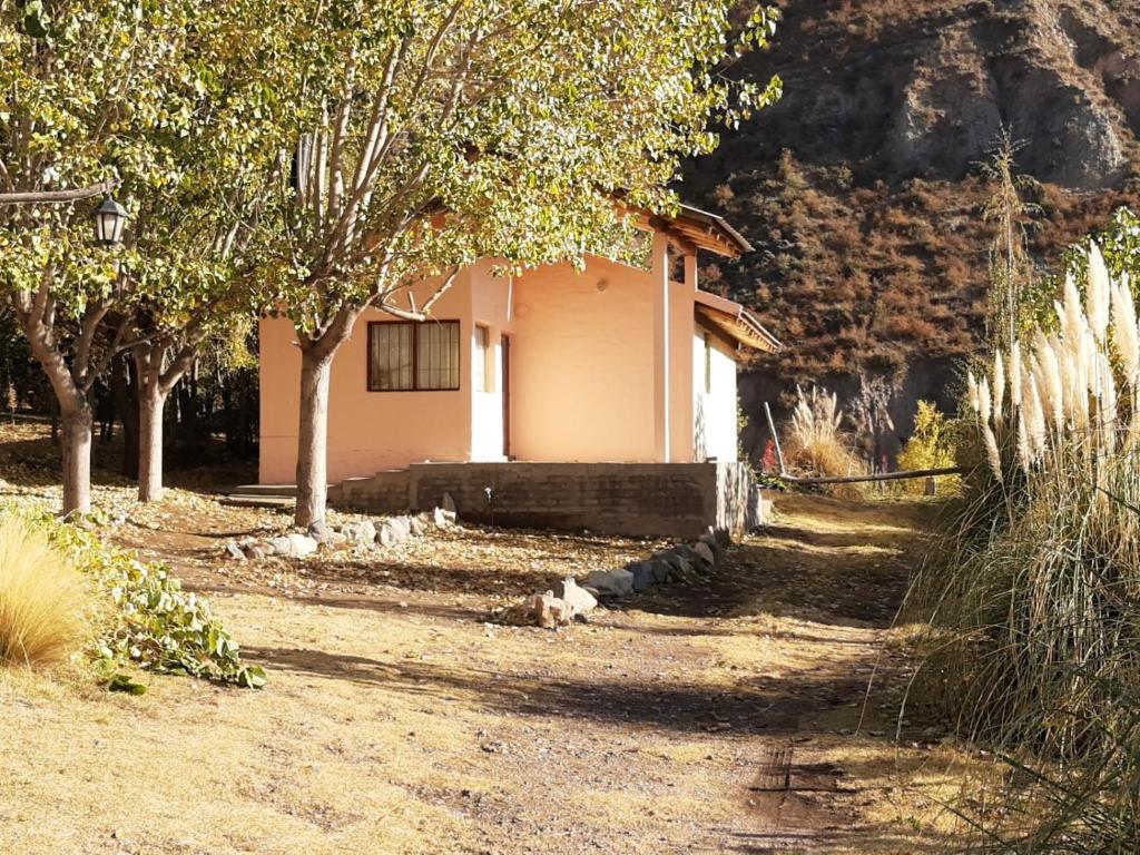 een klein roze huis met bomen ervoor bij Lo de Quebu Cabaña en la Montaña in Potrerillos