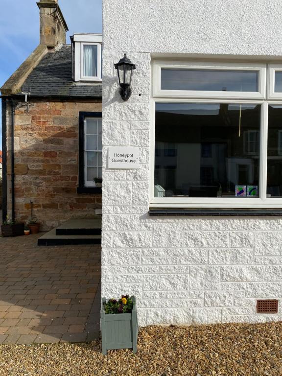 a white house with a window and a flower pot at Honeypot Guest House in Crail
