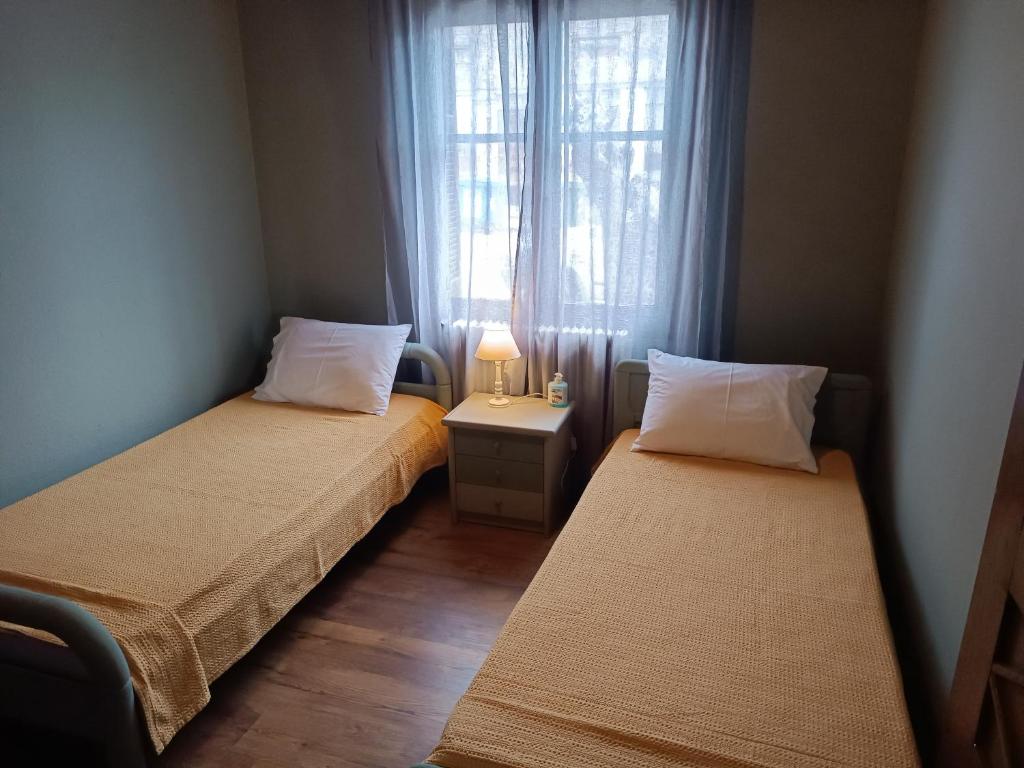 2 Betten in einem kleinen Zimmer mit Fenster in der Unterkunft Betty's Garden House in Nea Anchialos