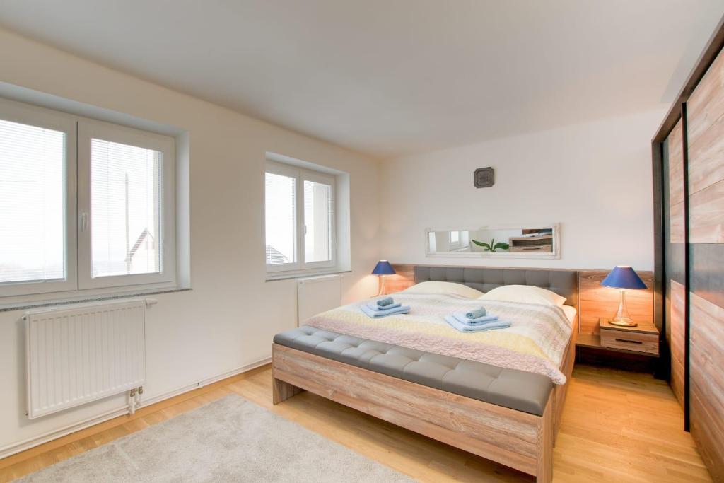 um quarto com uma cama e duas janelas em Vila Residence Leo em Mariánské Lázně