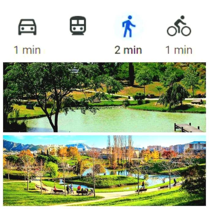 two pictures of a park with trees and a river at Charmant appart 4Per Marseille in Marseille