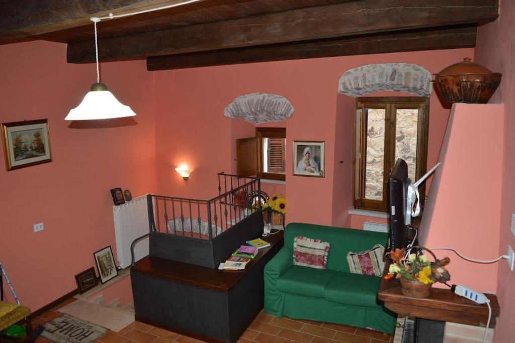 sala de estar con sofá verde y paredes rosas en Casa Borgo Marco e Cristina en Spoleto
