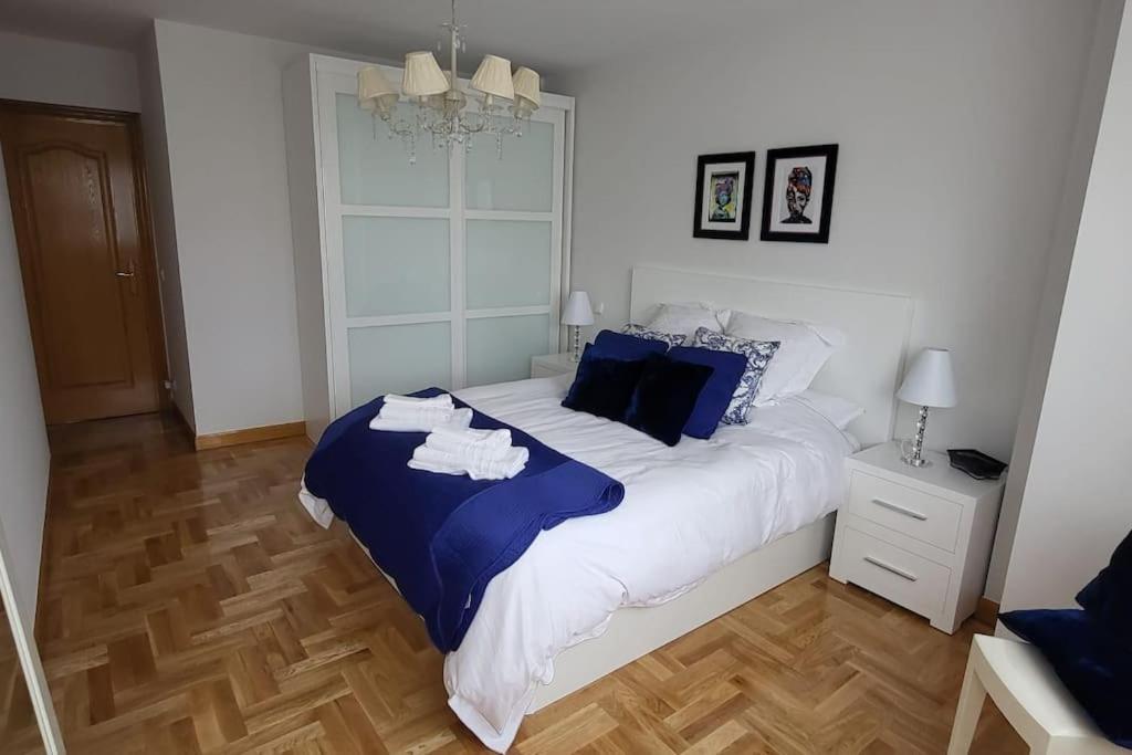 1 dormitorio con 1 cama grande con almohadas azules en Alojamiento Céntrico La Buganvilla, en Aranda de Duero