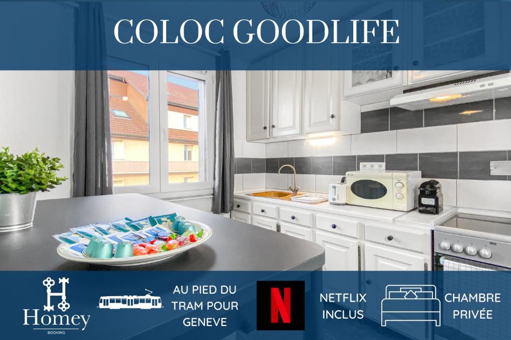 a magazine advertisement for a kitchen with a plate of food at HOMEY Coloc goodLife - Colocation moderne - Chambres privées - Wifi et Netflix - Au pied du tram pour Genève in Ambilly