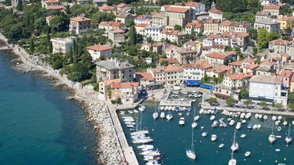 an aerial view of a harbor with boats in the water at Apartments Villa Dinka in Opatija