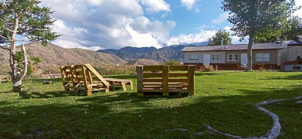 two wooden chairs sitting in the grass in a yard at Esencia Cabaña in Potrerillos