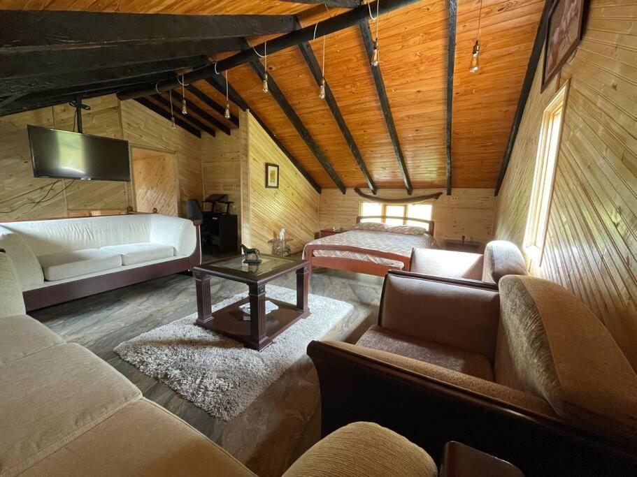 uma sala de estar com um sofá e uma cama em Acogedora Cabaña Chalet en Medio de la Naturaleza em Aquitania