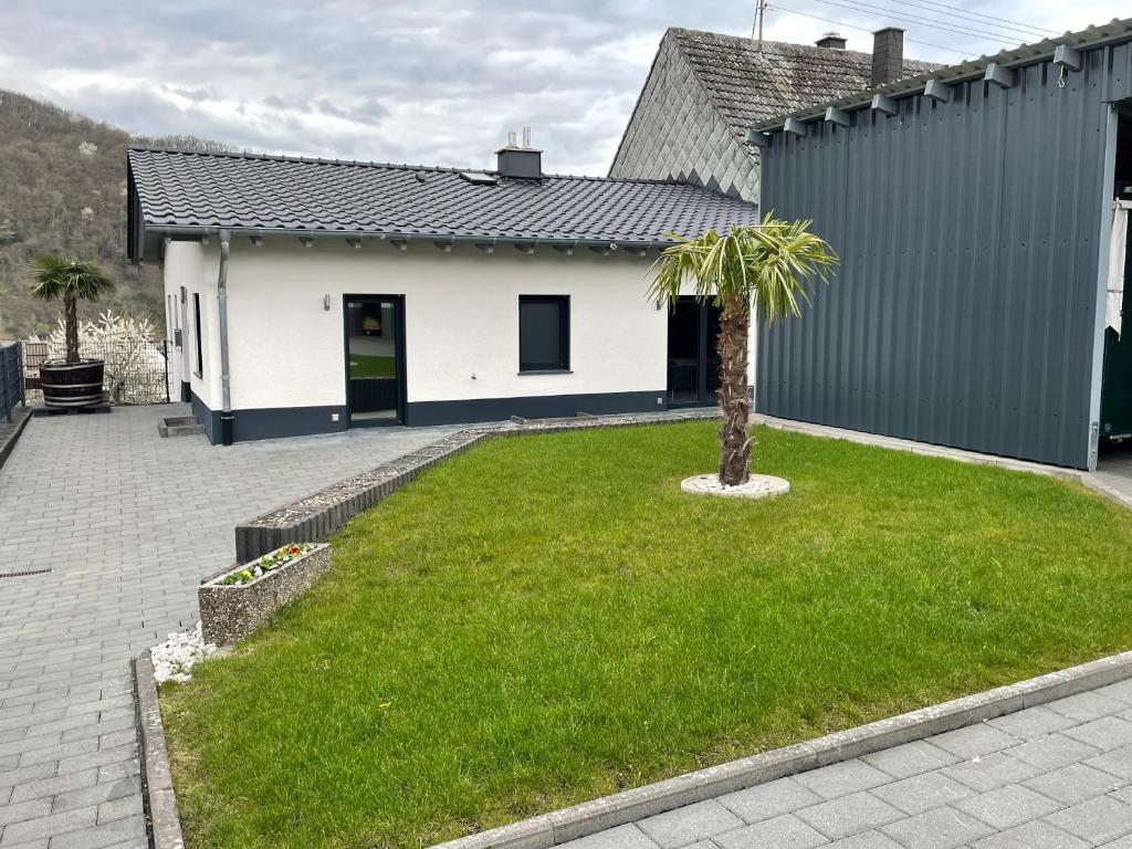 ein weißes Haus mit einer Palme im Hof in der Unterkunft Ferienwohnung '' Wein unter Palmen '' in Neumagen-Dhron