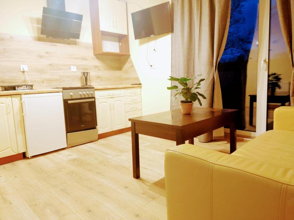 eine Küche mit einem Tisch und einem Sofa in einem Zimmer in der Unterkunft ChillHouse 2 in Mrągowo