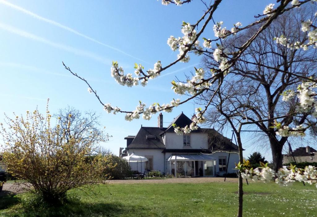 una casa blanca con árboles en primer plano en Chambres d'Hotes du Haut Anjou en Thorigné-dʼAnjou