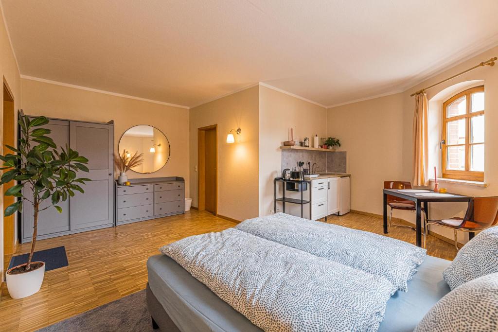 a large room with a bed and a table and a kitchen at Stadtgut Mölkau Rooms & Apartments in Leipzig