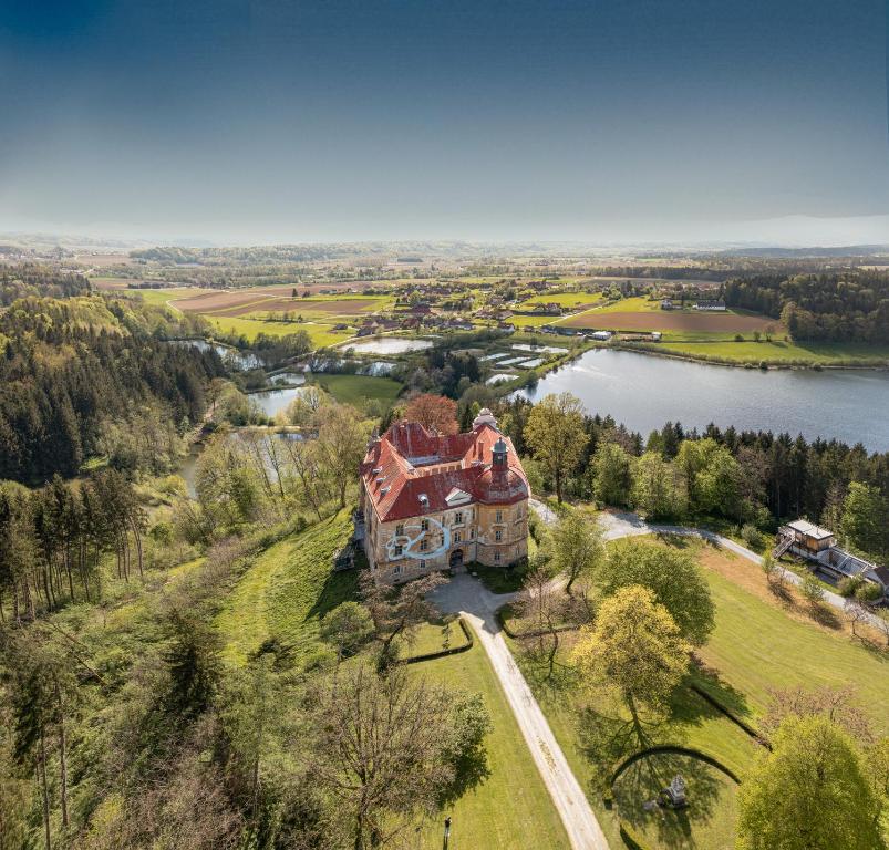 an aerial view of a mansion with a lake at Schloss Hornegg in Preding