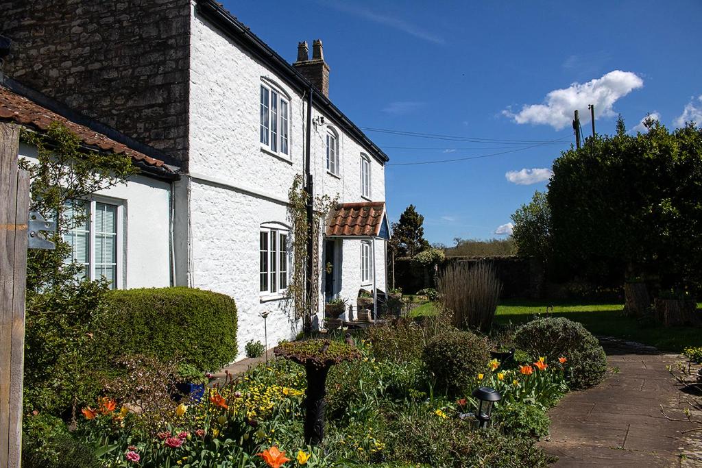 a white house with a garden in front of it at Littlewell Farm in Wells