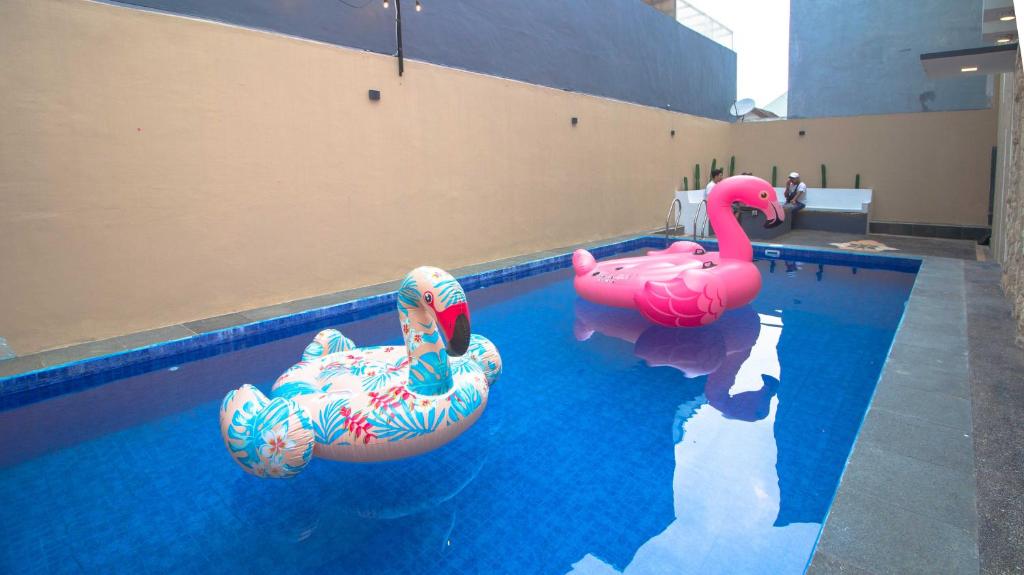 dos flamencos inflables en una piscina en Villa Surga Dunia with Private Pool and Billiard, en Batu